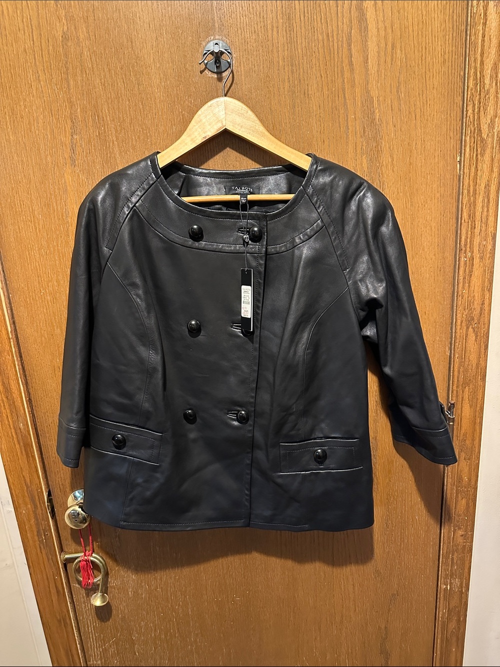Talbots Black Leather Double-Breasted Jacket with Button Pockets
